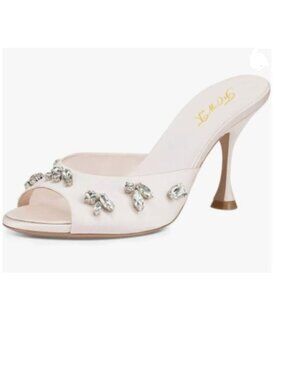 FOWT Ivory Charm Peep Toe with Rhinestone Slip On Mules High Heel Ladies Slipper